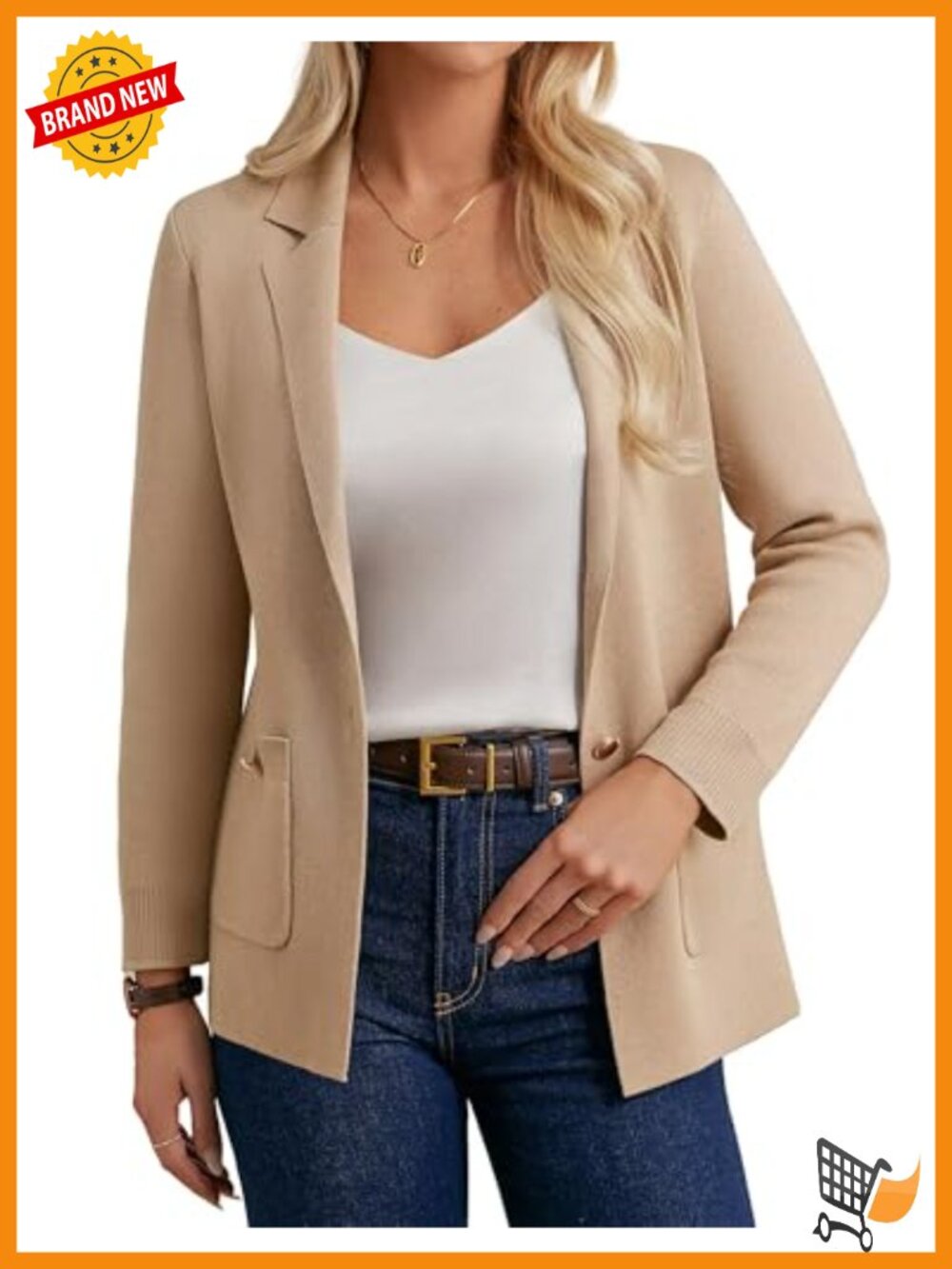 Knit Sweater Blazer Notch Lapel Single Button Pockets Business Casual Work